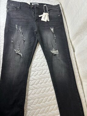 M.SOCIETY Skinny Jeans Black Distressed Stretch Denim Mid Rise Men's